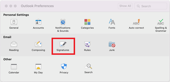 To add signature in Outlook Mac choose the Signatures icon