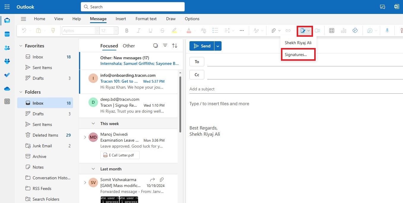 Navigate to the Signature icon choose signatures to change signature in Outlook