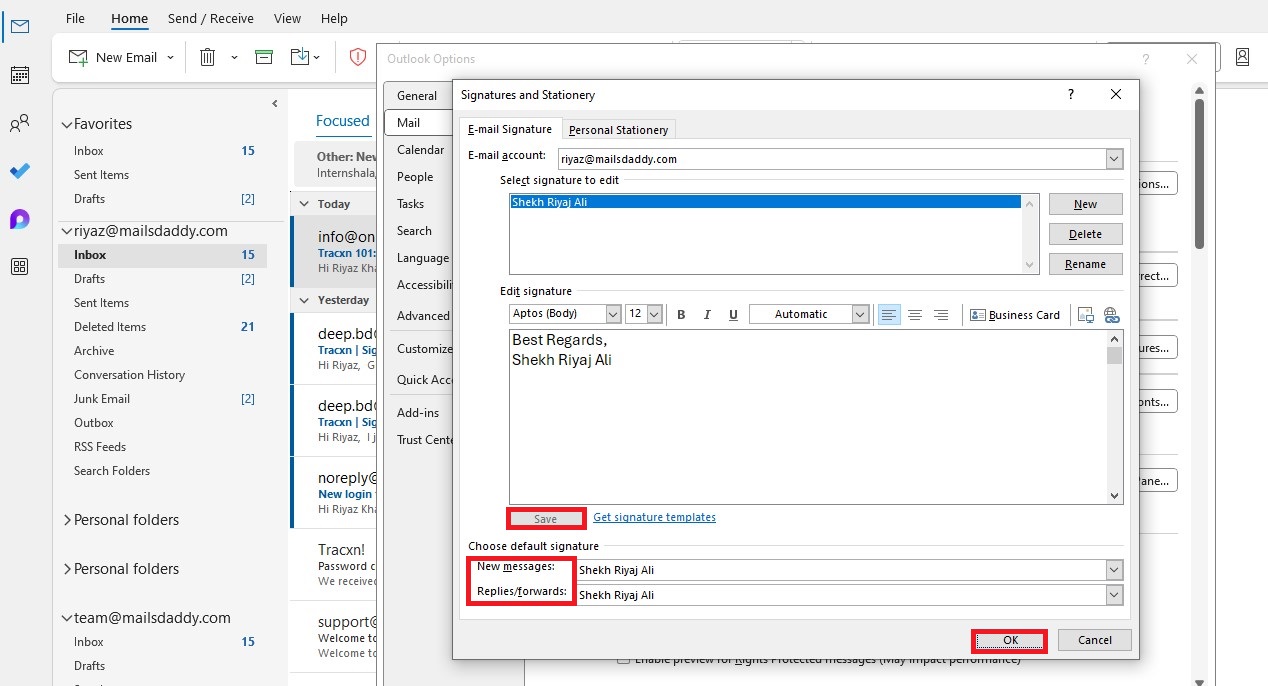 click on the Save button to insert signature in Outlook