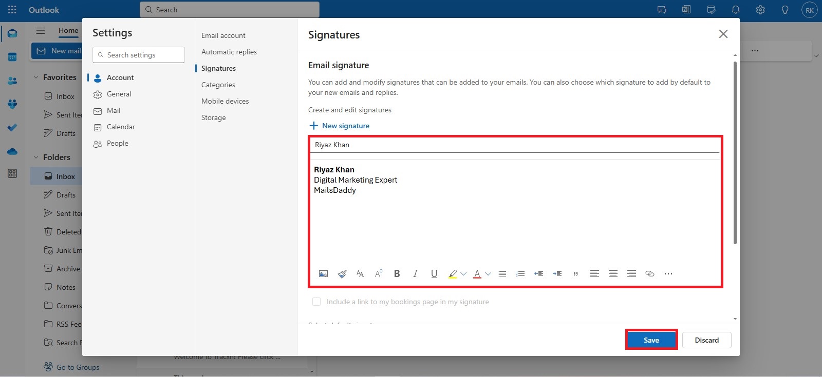 click on the save button to add signature in Outlook