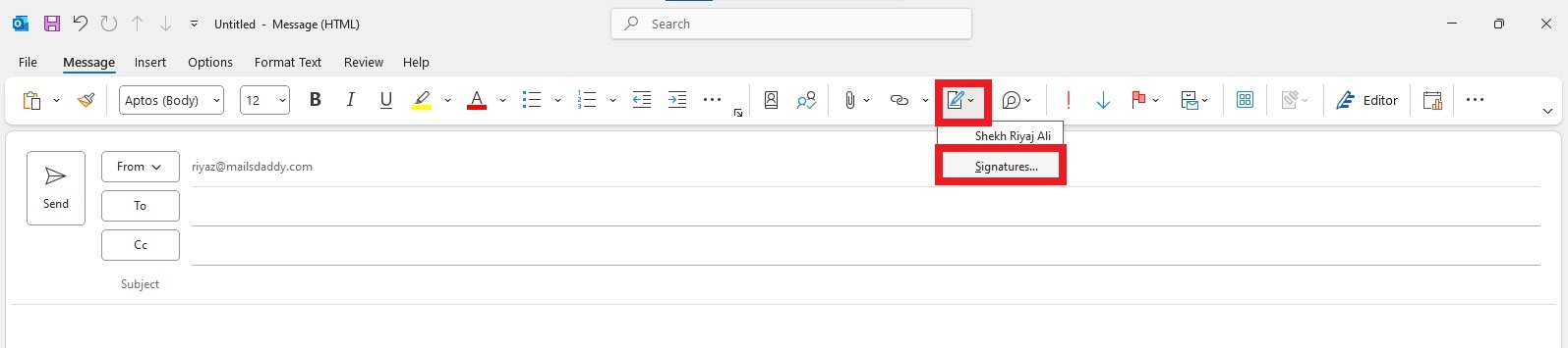 To edit signature in Outlook go to the signature icon 