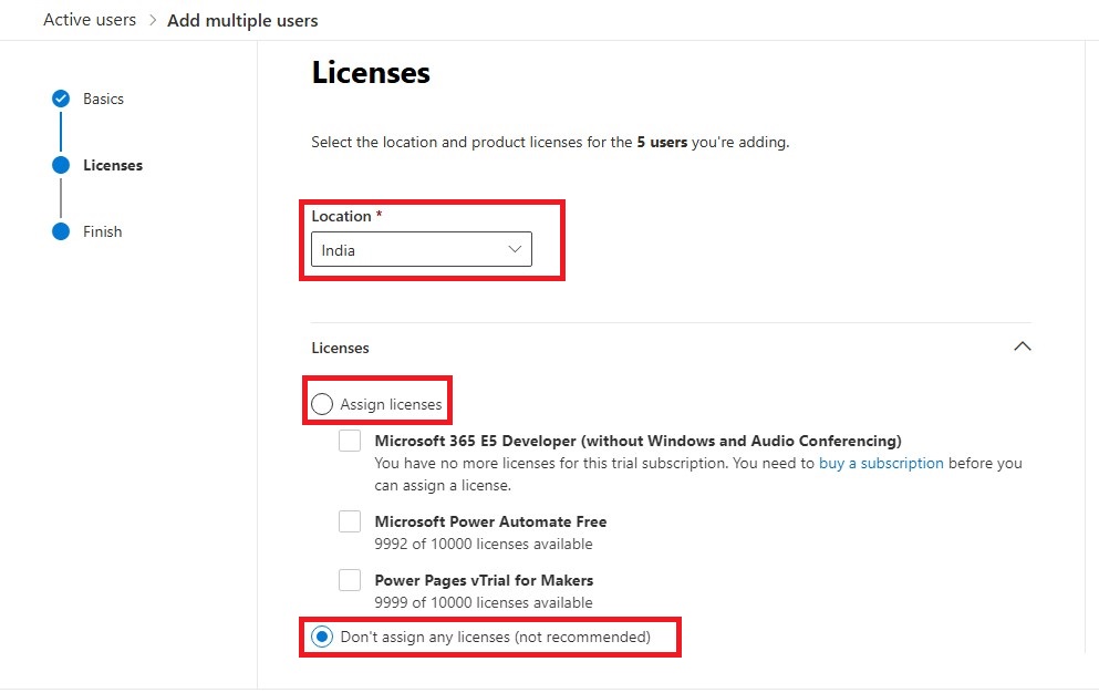 Assign role and license or not click on don't assign any license