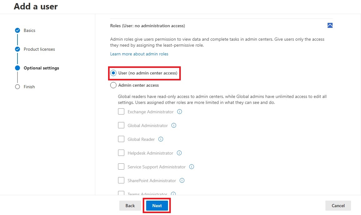 Click on the Next to create a user in Microsoft 365