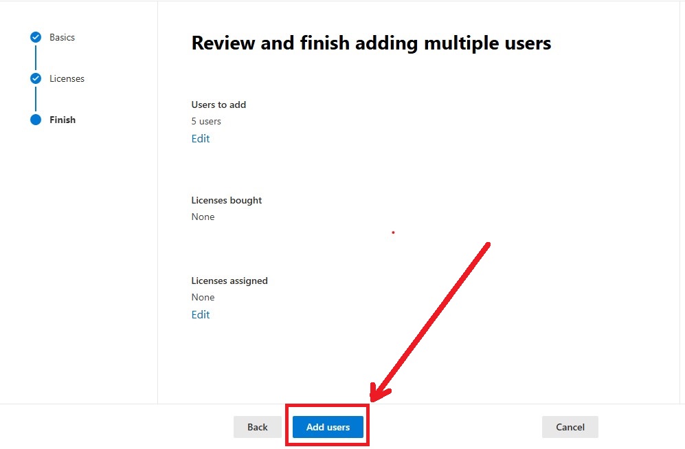 Review and click on Add users to finish process