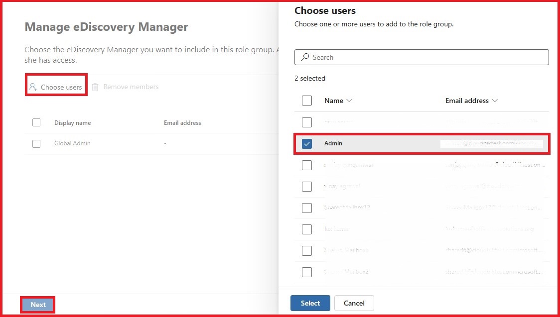 Choose users to assign eDiscovery manager role group.